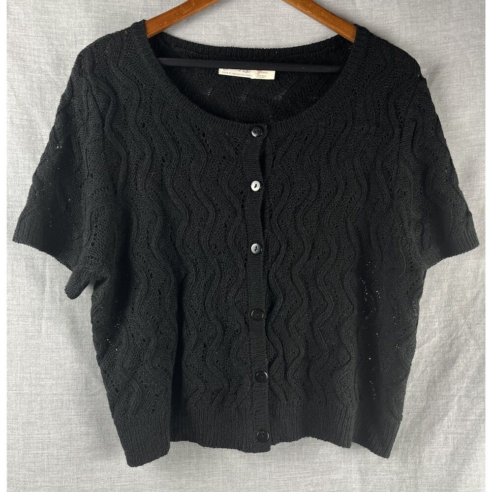 Faded Glory Cardigan Size XL Black Short Sleeve Button Shrug Wave Stitch Pattern